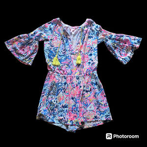 Lilly Pulitzer Women's Bell Sleeve Romper Yellow Tassles Pink/Blue, Size Small